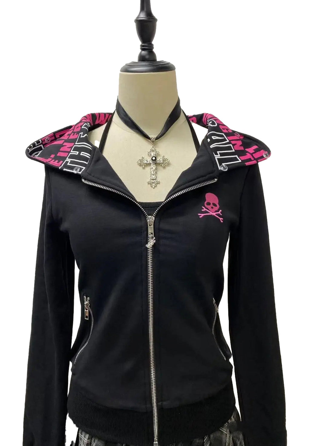 LuckeLadybug LLC gothic skull zip up hoodie women featuring a stylish hood with contrasting print