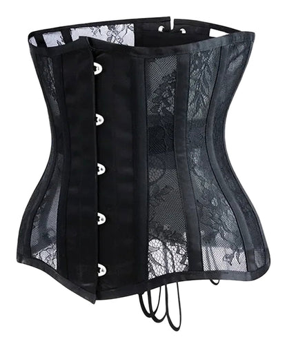 Gothic underbust corset for women in black lace with lace-up back and front fastenings