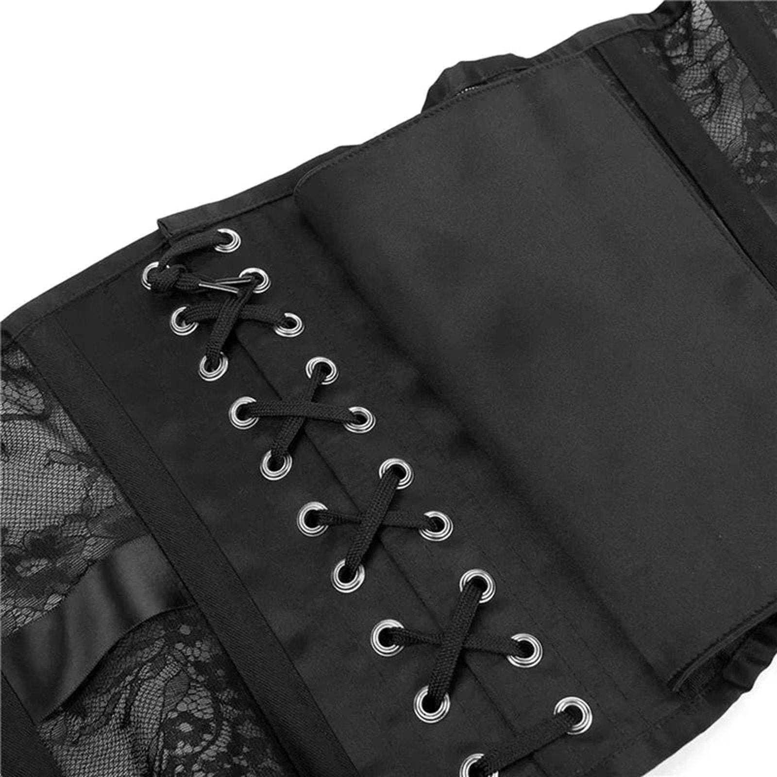 Detailed view of a gothic underbust corset for women featuring lace and sturdy lacing closures
