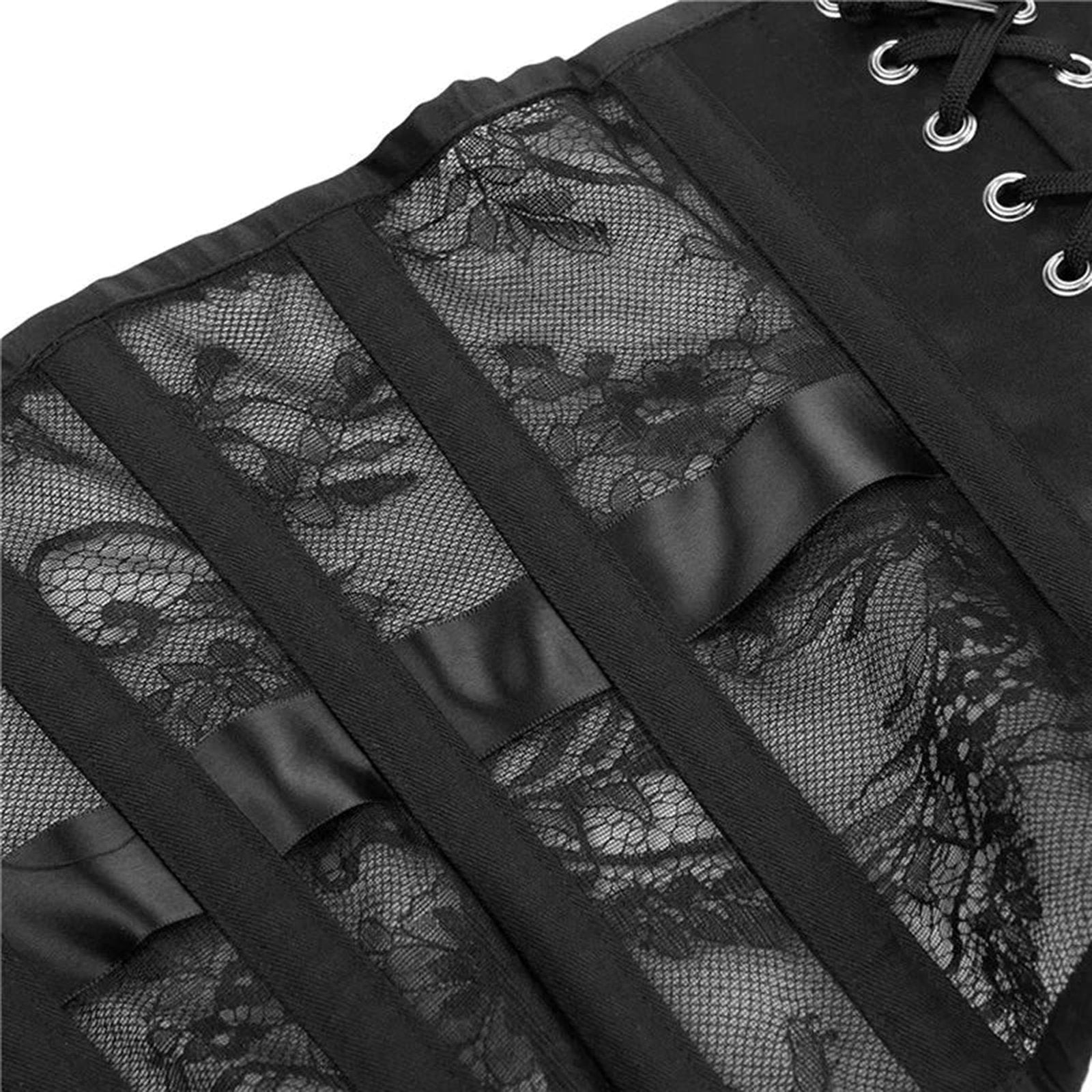 Black lace detailing on a gothic underbust corset for women with satin ribbons and lace design