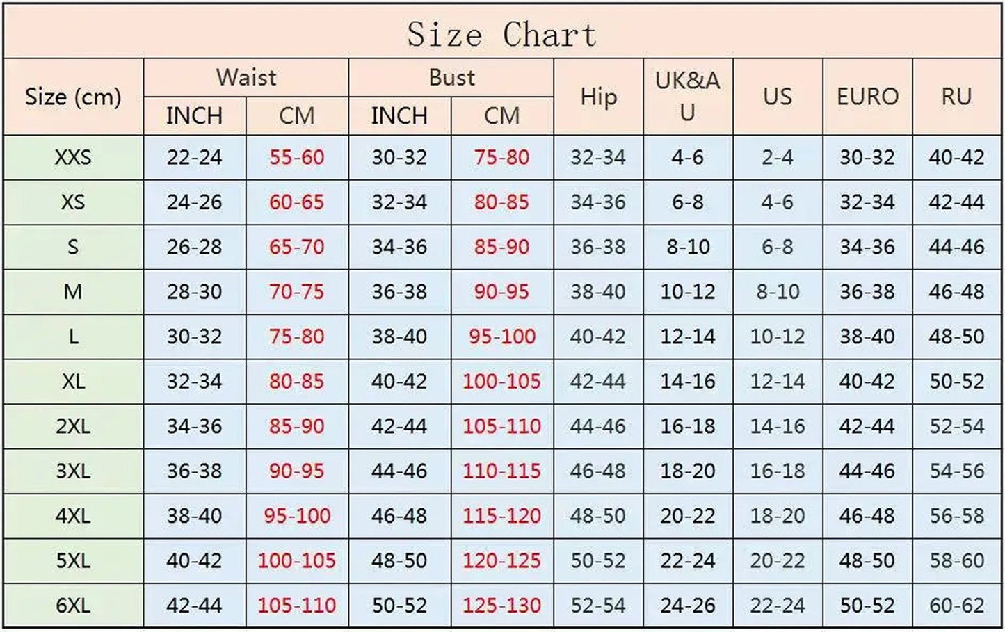 Size chart for Gothic Underbust Corset for Women displaying various sizes and measurements