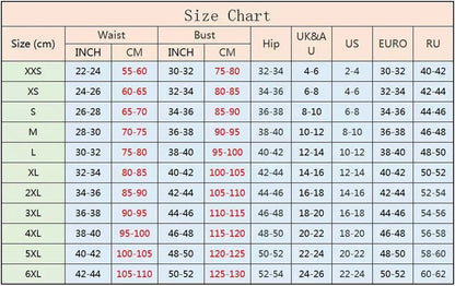 Size chart for Gothic Underbust Corset for Women displaying various sizes and measurements