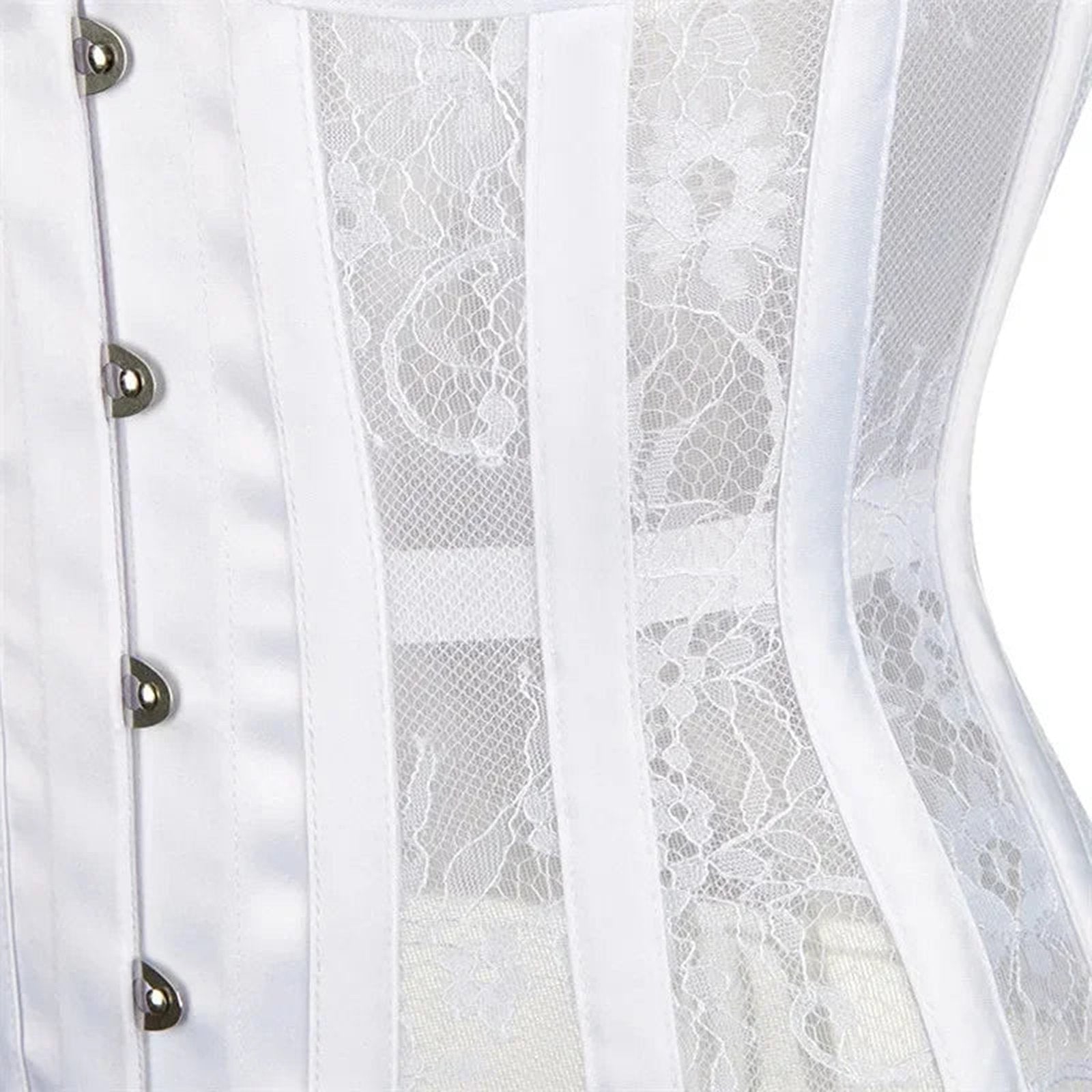 Elegant white gothic underbust corset for women featuring lace and button detailing
