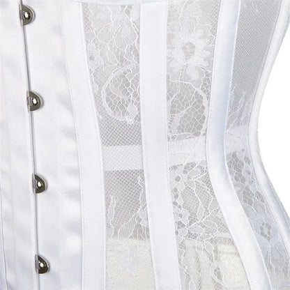 Elegant white gothic underbust corset for women featuring lace and button detailing