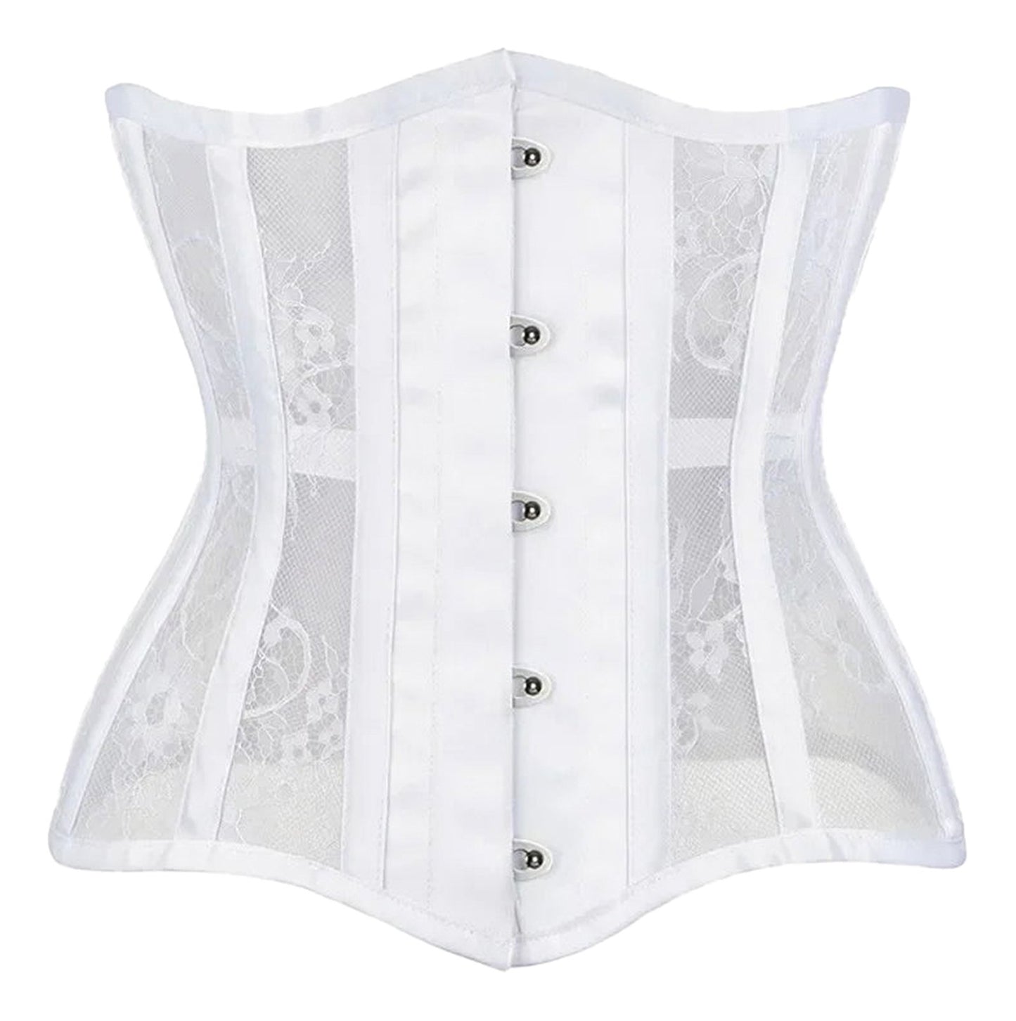 LuckeLadybug LLC Gothic underbust corset for women in white with lace detailing and adjustable front clasps