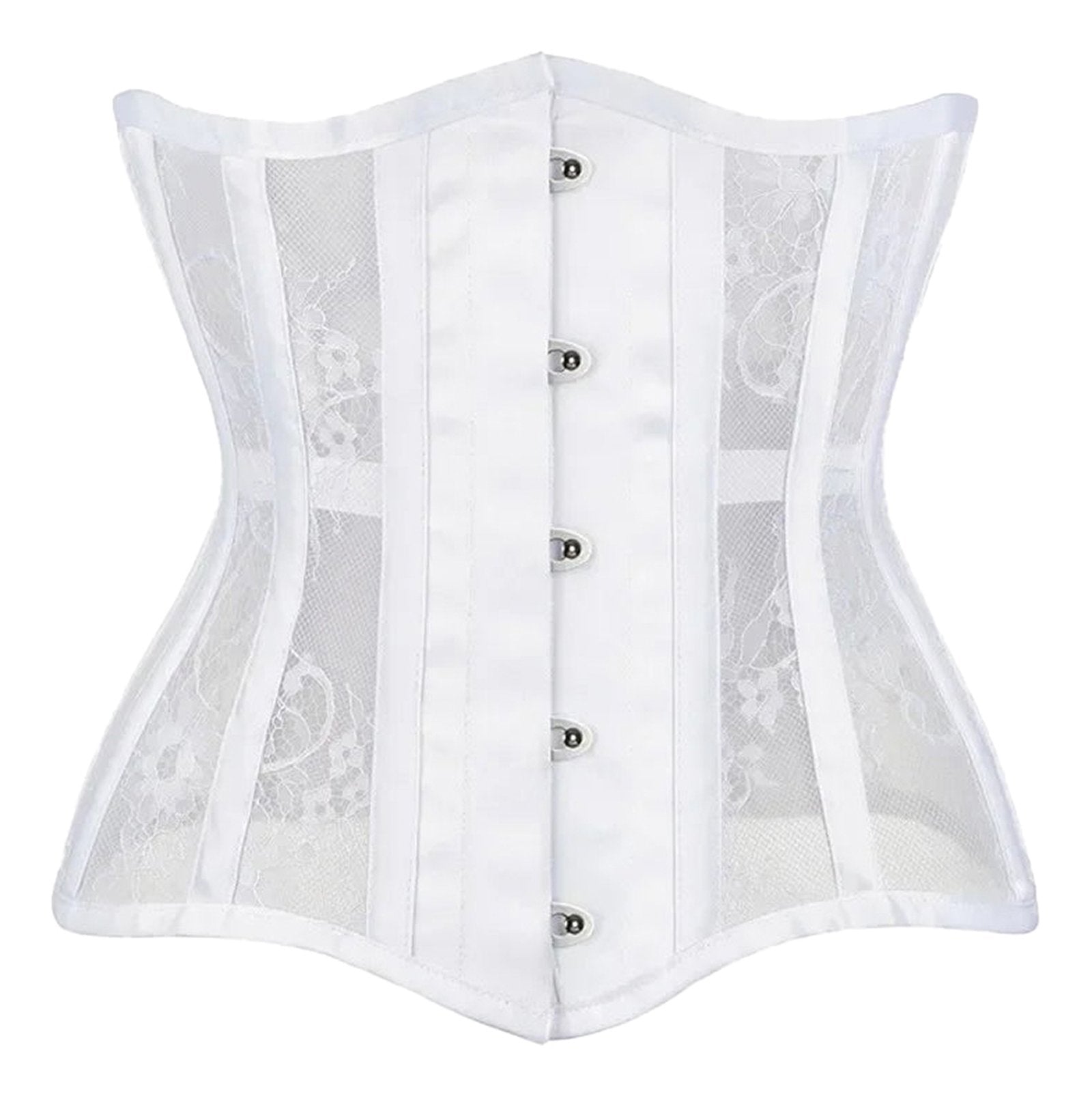 LuckeLadybug LLC Gothic underbust corset for women in white with lace detailing and adjustable front clasps