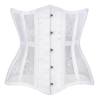 LuckeLadybug LLC Gothic underbust corset for women in white with lace detailing and adjustable front clasps