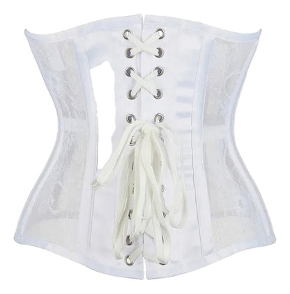 White gothic underbust corset for women with lace details and front lacing design