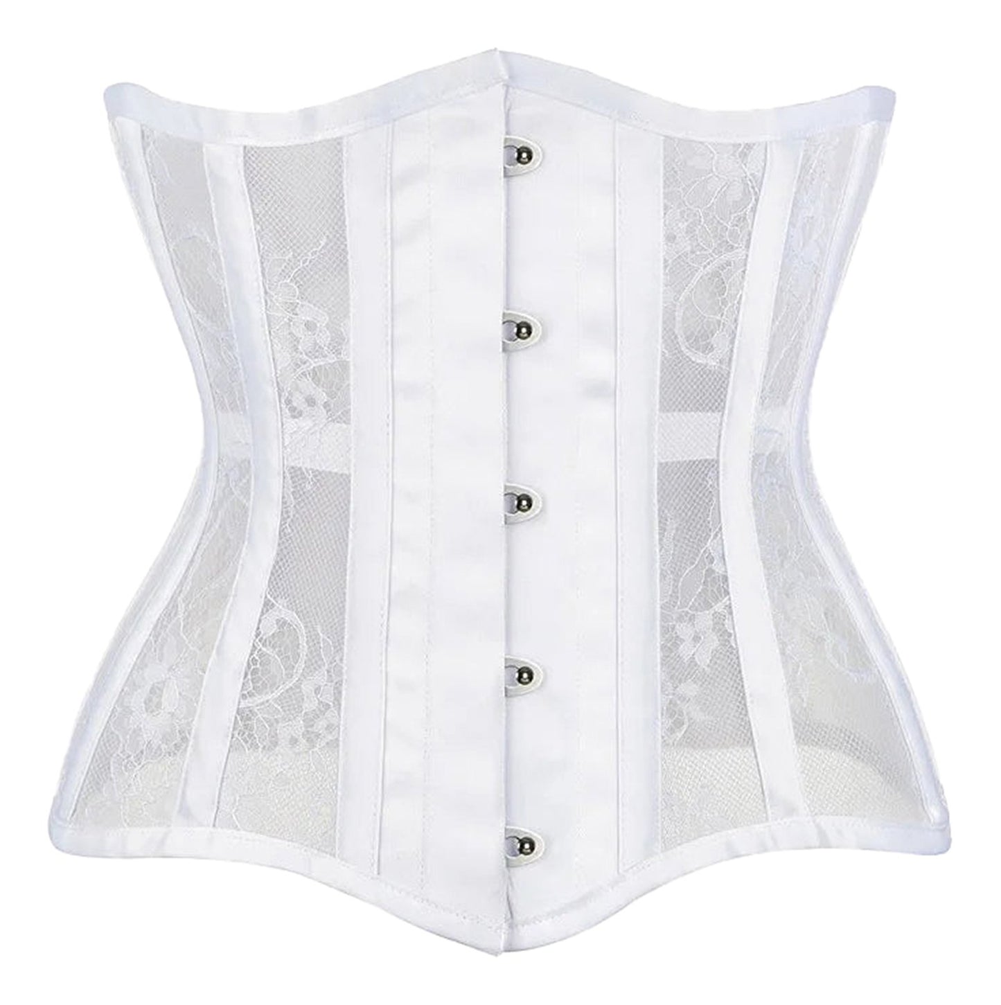 White gothic underbust corset for women featuring lace panels and a sleek design