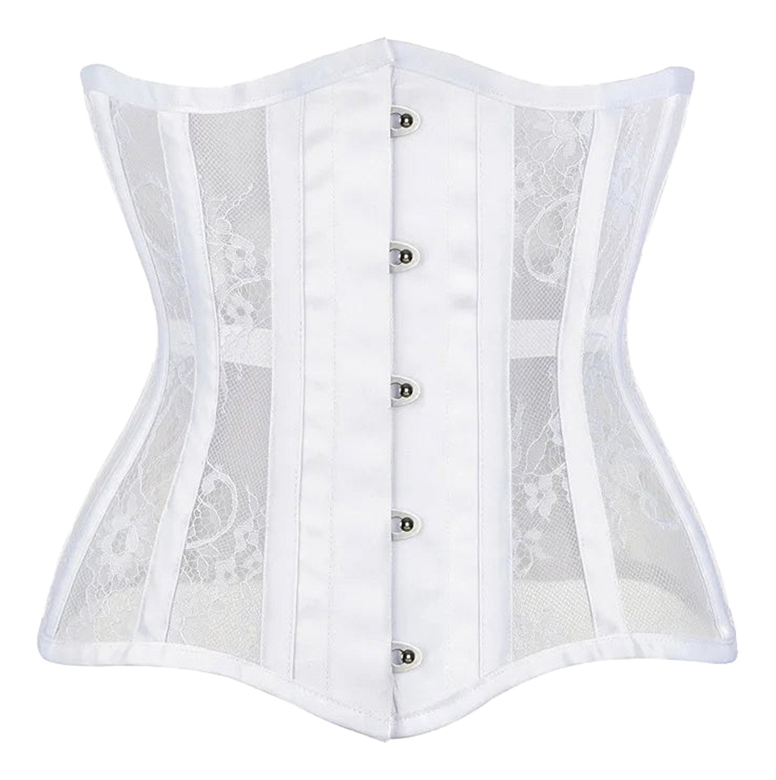 White gothic underbust corset for women featuring lace panels and a sleek design
