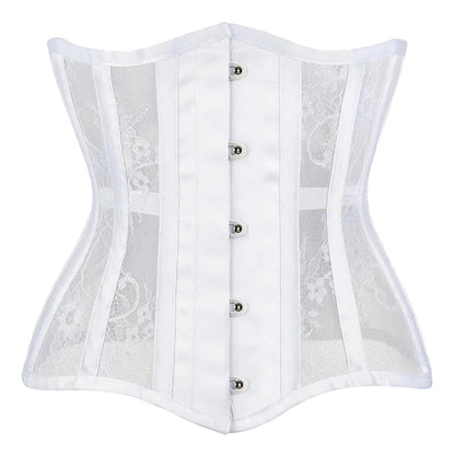 White gothic underbust corset for women featuring lace panels and a sleek design