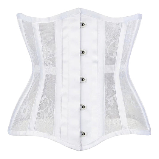 White gothic underbust corset for women featuring lace panels and a sleek design