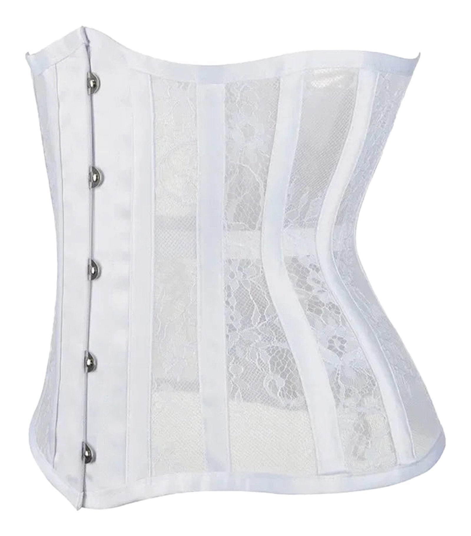 Stylish white gothic underbust corset for women featuring intricate lace design and secure button closure