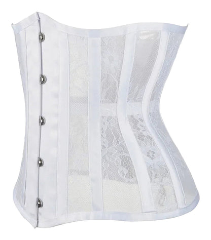 Stylish white gothic underbust corset for women featuring intricate lace design and secure button closure
