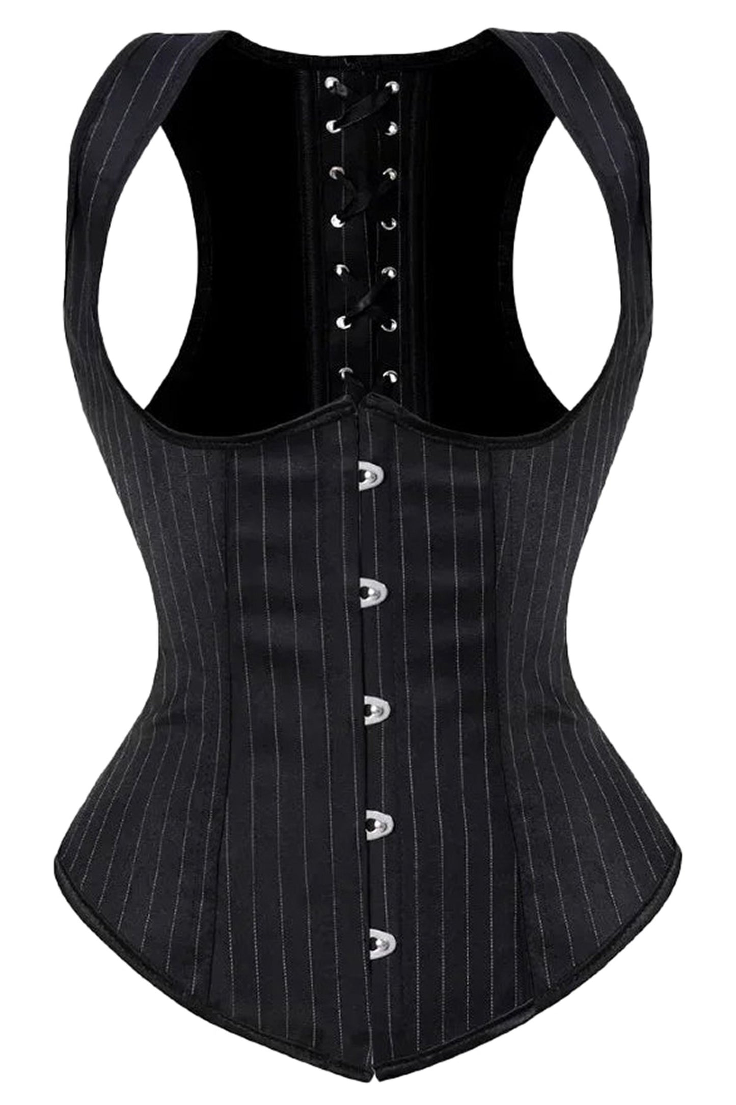 LuckeLadybug LLC Gothic underbust corset vest with pinstripe pattern and adjustable lace-up back