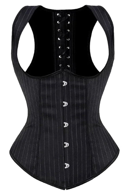 LuckeLadybug LLC Gothic underbust corset vest with pinstripe pattern and adjustable lace-up back