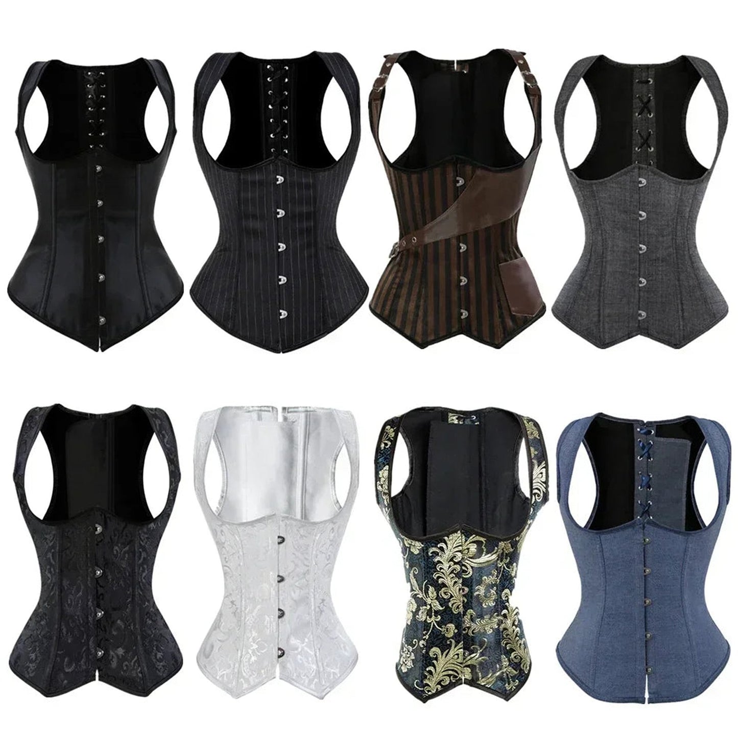 Various gothic underbust corset vests in different colors and patterns for stylish layering