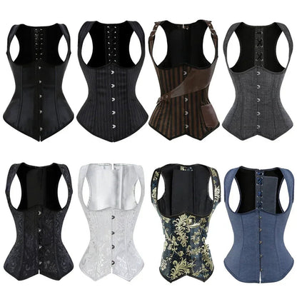 Various gothic underbust corset vests in different colors and patterns for stylish layering