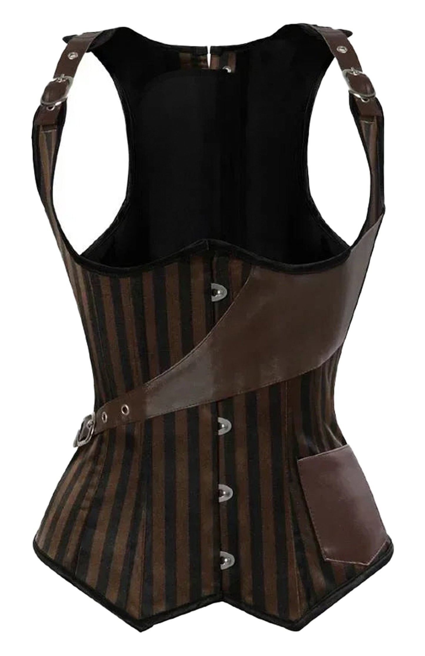 LuckeLadybug LLC Gothic underbust corset vest with brown and black striped design and leather accents