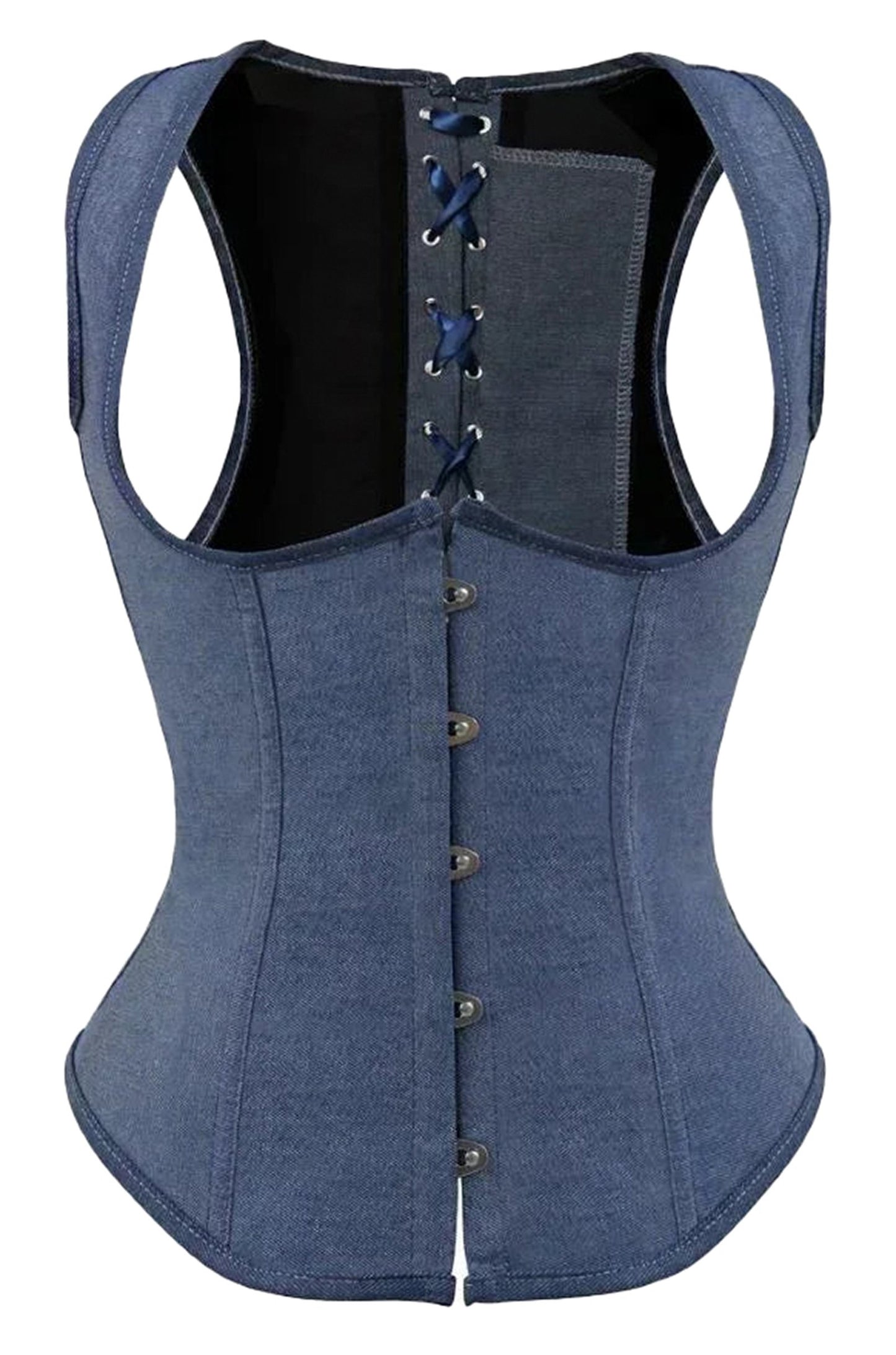 Gothic underbust corset vest in denim style with lace-up back and adjustable front buttons