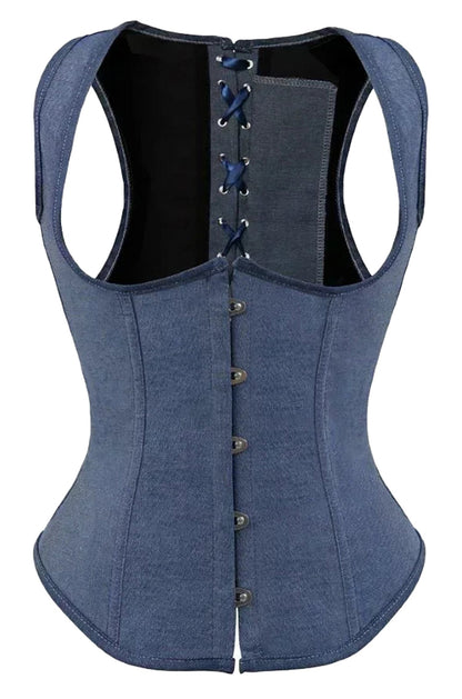 Gothic underbust corset vest in denim style with lace-up back and adjustable front buttons