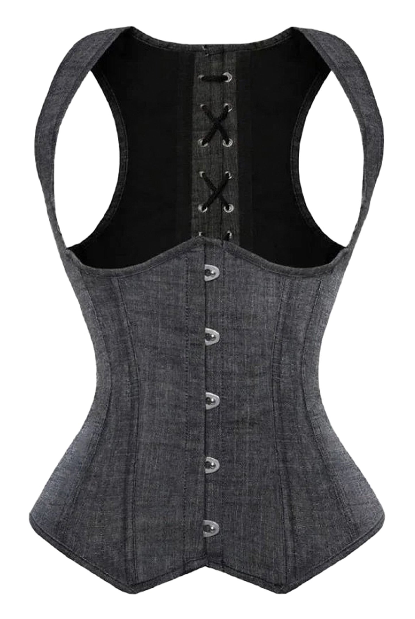 Gothic underbust corset vest in dark denim with lace-up back and button front for a stylish silhouette