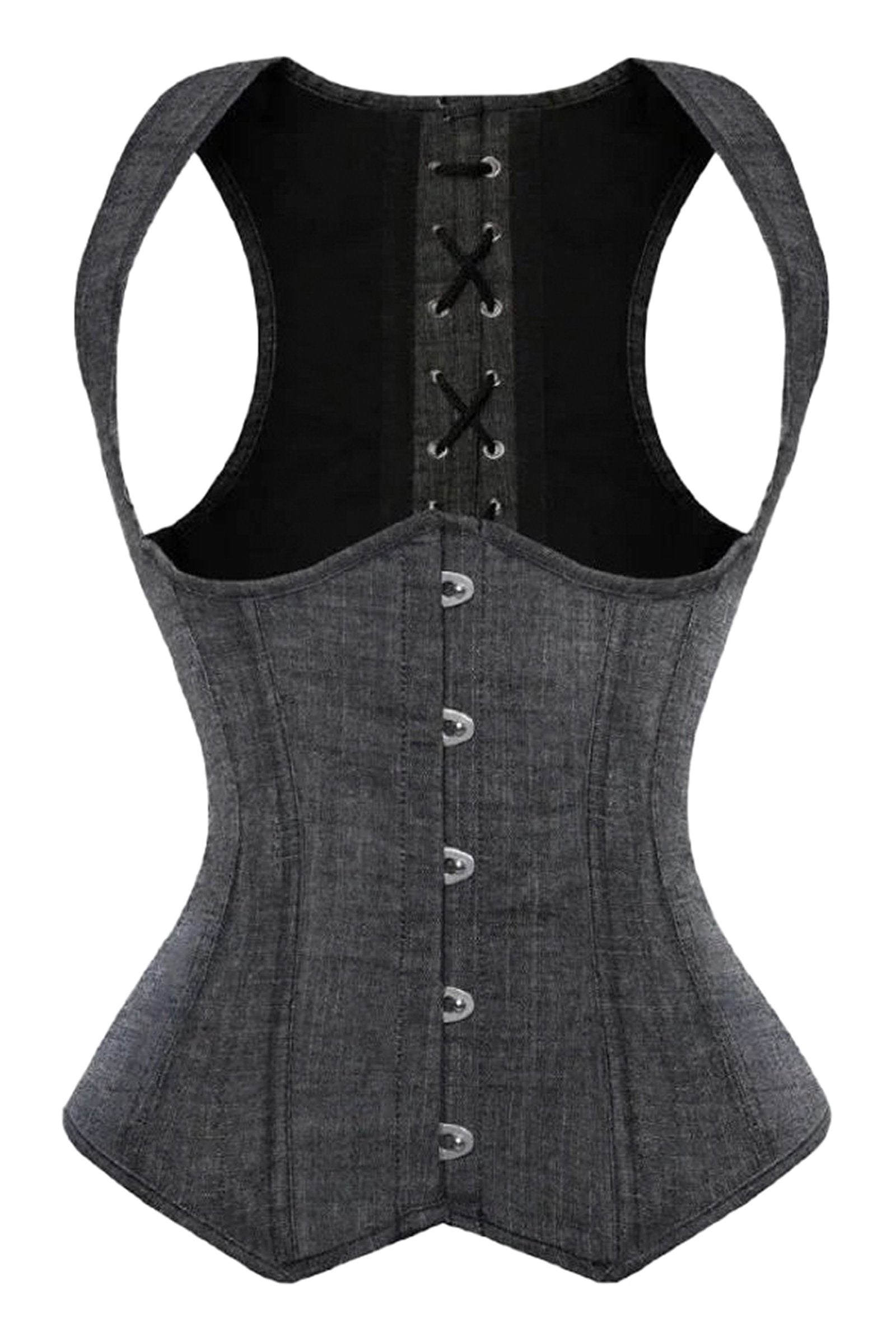 Gothic underbust corset vest in dark denim with lace-up back and button front for a stylish silhouette