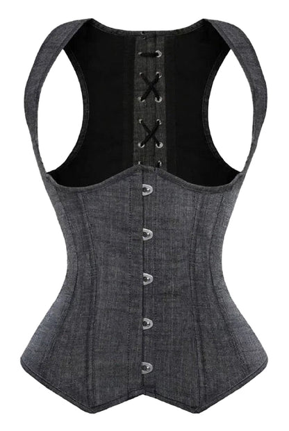 Gothic underbust corset vest in dark denim with lace-up back and button front for a stylish silhouette