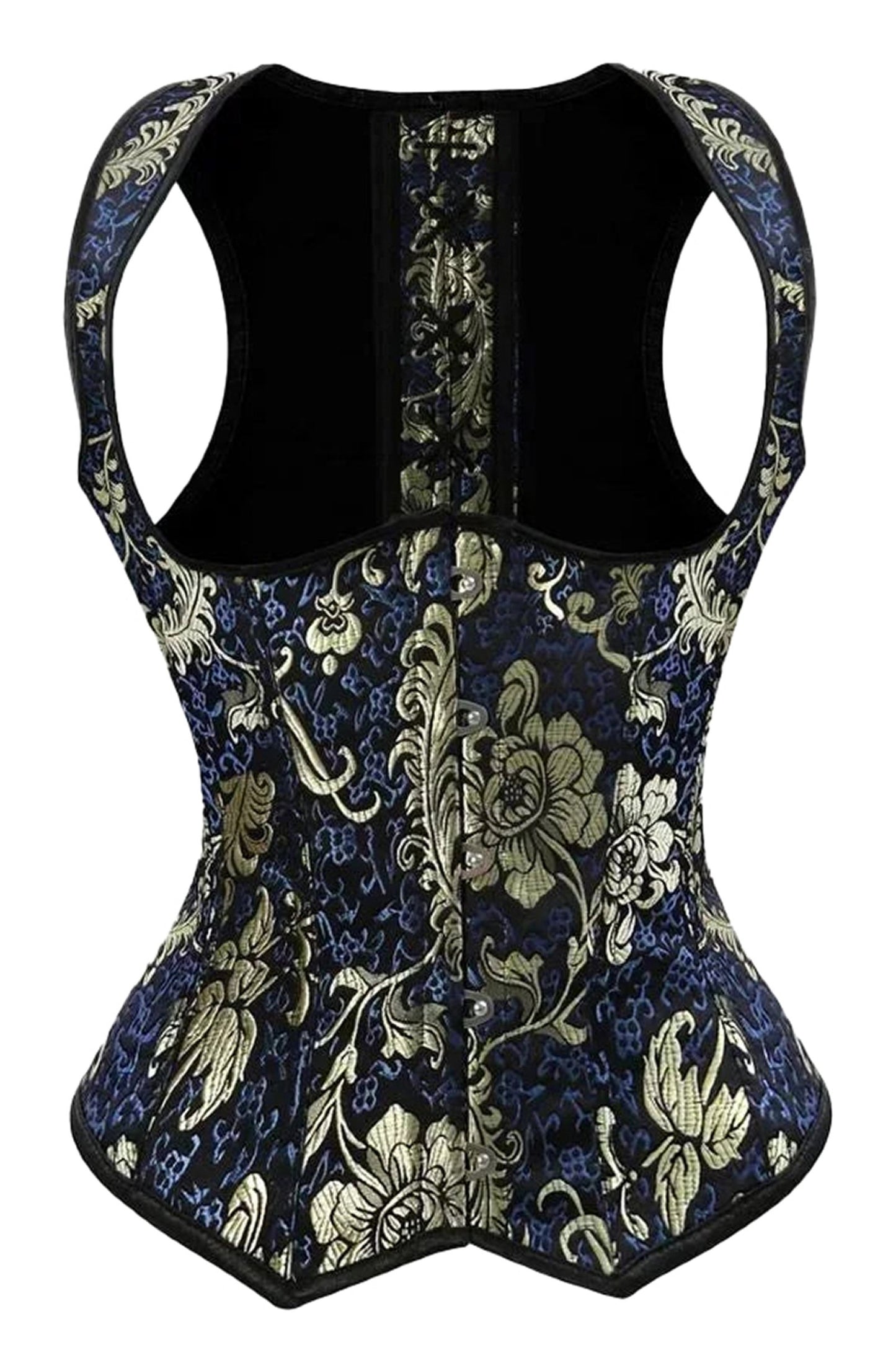 Back view of a gothic underbust corset vest with floral patterns and a fitted design by LuckeLadybug LLC