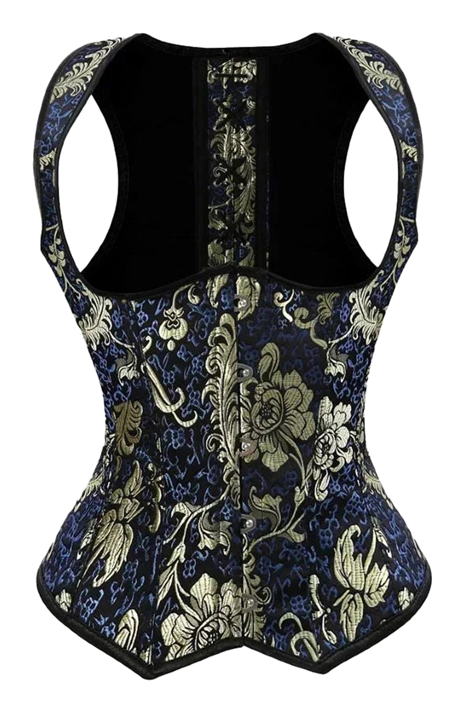 Back view of a gothic underbust corset vest with floral patterns and a fitted design by LuckeLadybug LLC