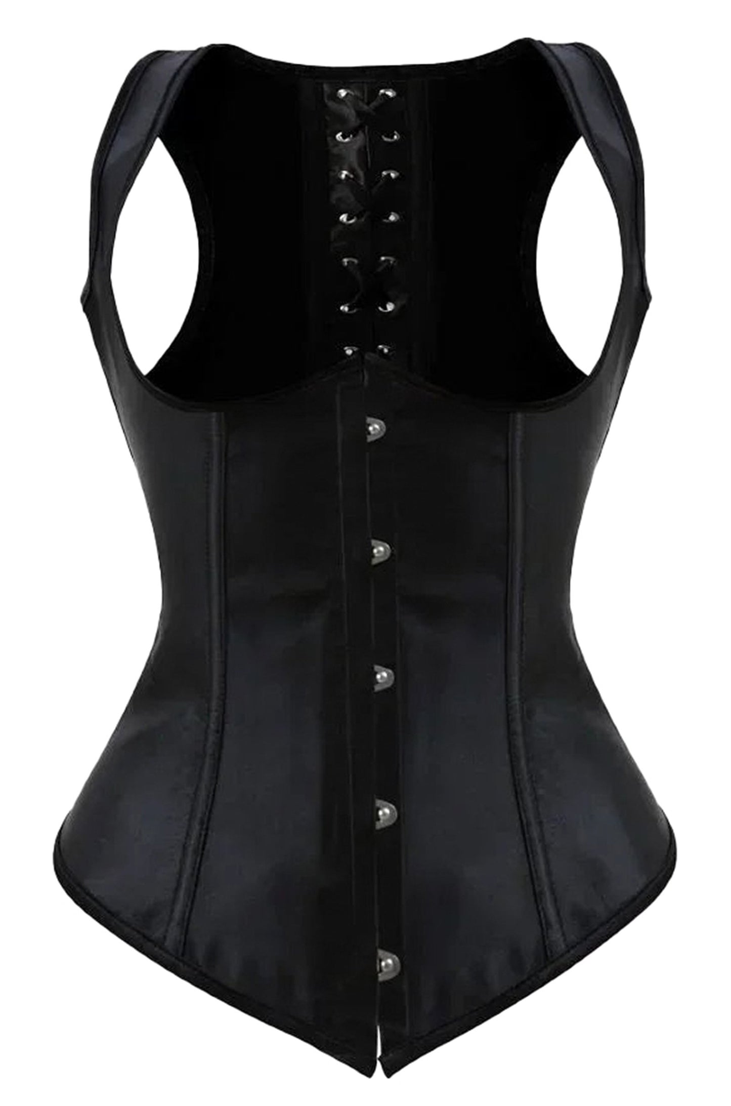 LuckeLadybug LLC Gothic underbust corset vest in sleek black with front hooks and lace-up back design