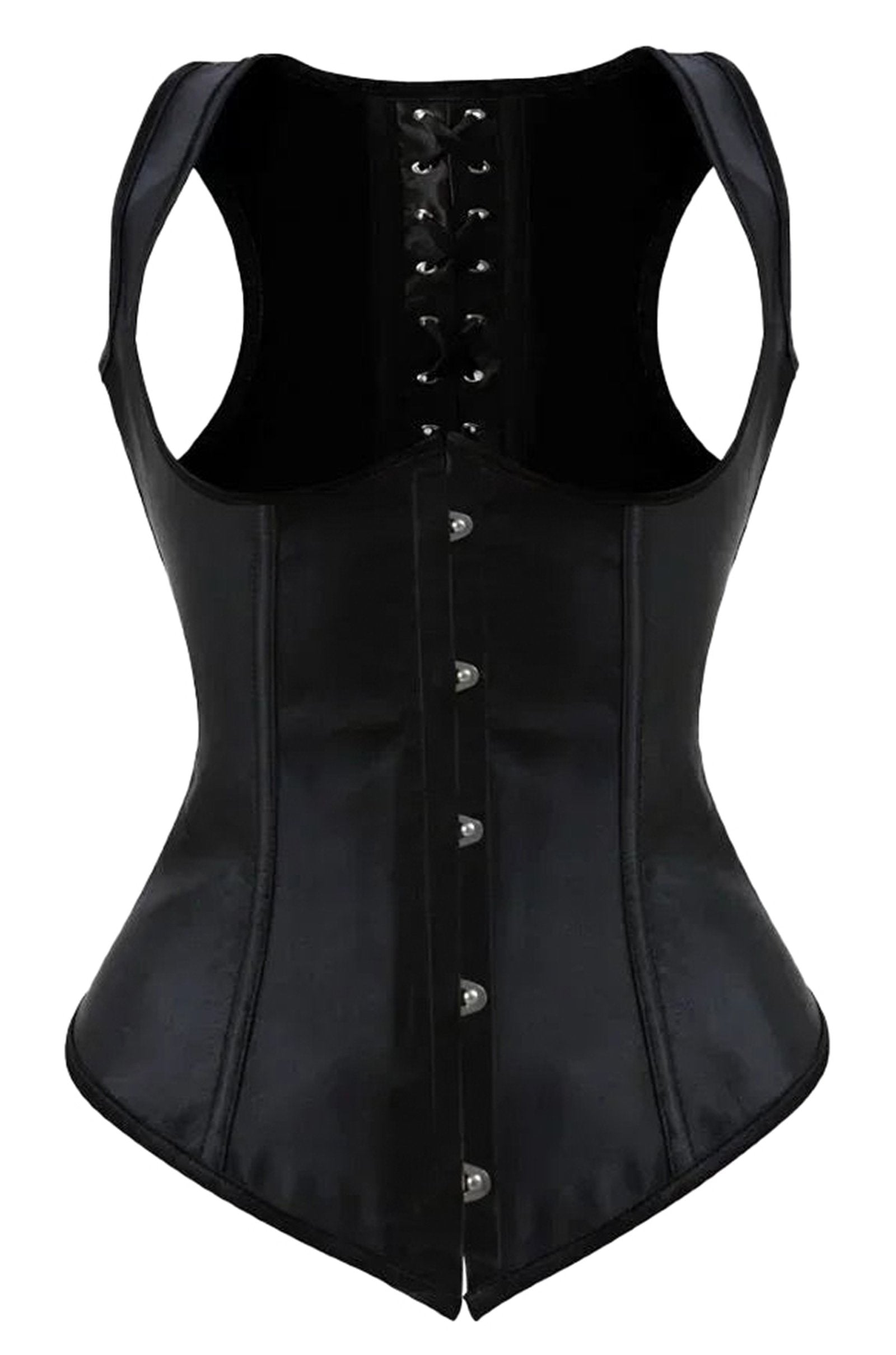 LuckeLadybug LLC Gothic underbust corset vest in sleek black with front hooks and lace-up back design