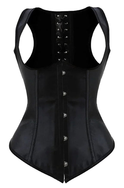 LuckeLadybug LLC Gothic underbust corset vest in sleek black with front hooks and lace-up back design