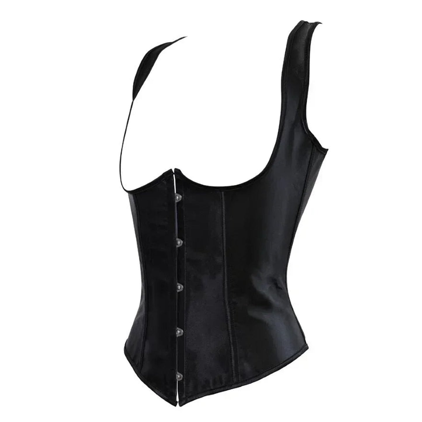 Sleek black gothic underbust corset vest from LuckeLadybug LLC with button closure and fitted design