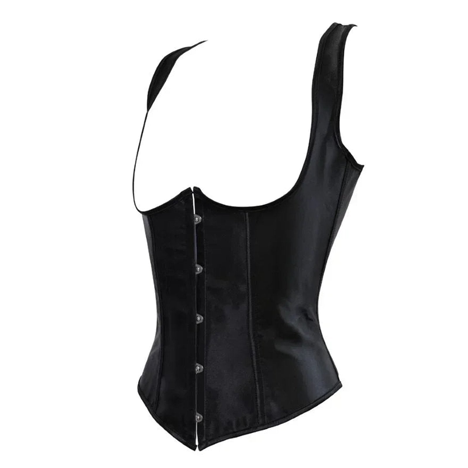 Sleek black gothic underbust corset vest from LuckeLadybug LLC with button closure and fitted design