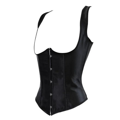 Sleek black gothic underbust corset vest from LuckeLadybug LLC with button closure and fitted design