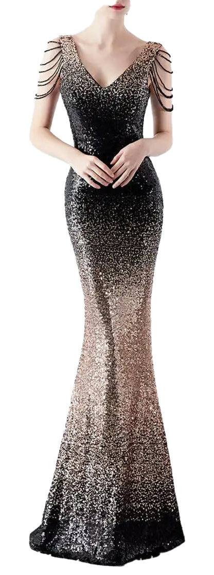 Stunning gradient sequin mermaid evening dress by LuckeLadybug LLC with elegant design and shimmering detail