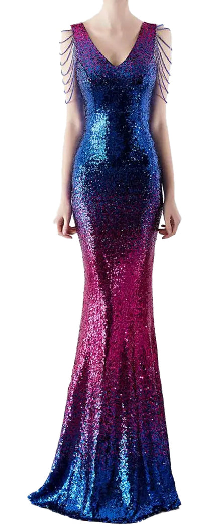 Stunning gradient sequin mermaid evening dress in blue and pink by LuckeLadybug LLC with elegant design.