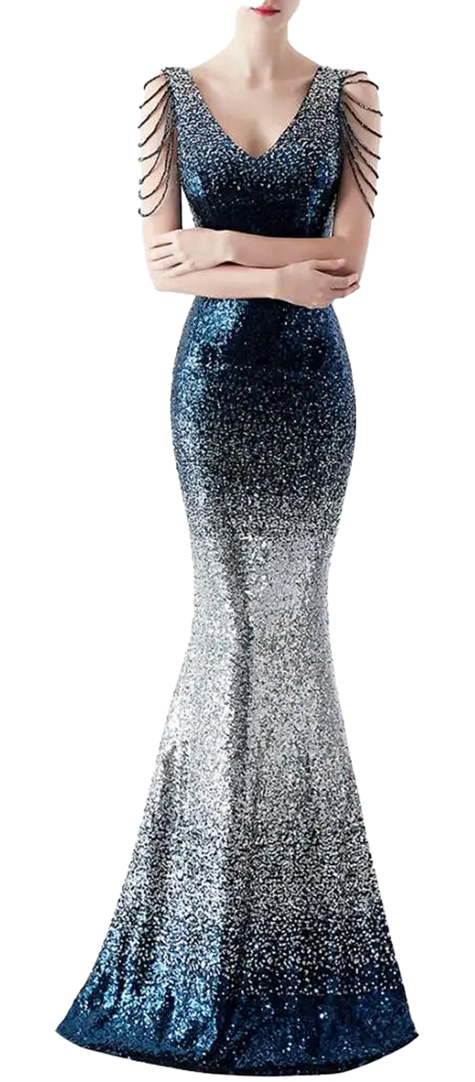 Gradient sequin mermaid evening dress by LuckeLadybug LLC featuring a shimmering design and stylish sleeves