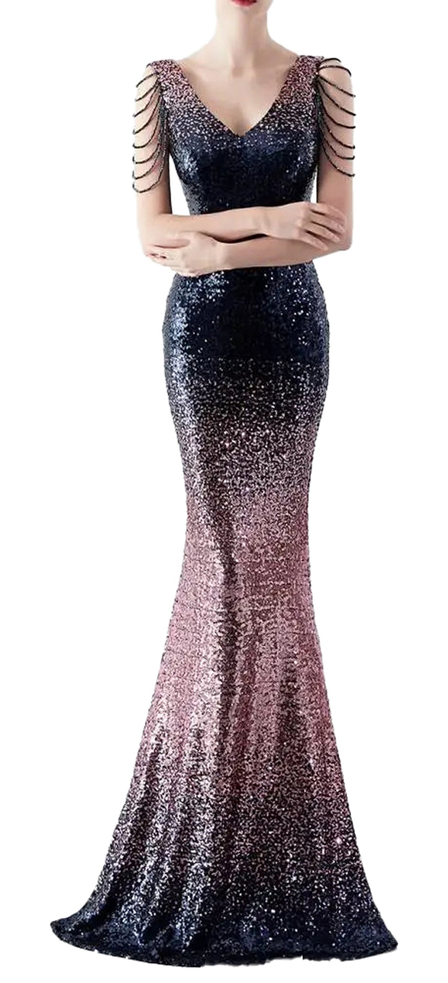 Gradient sequin mermaid evening dress in shades of blue and pink with elegant shoulder detailing