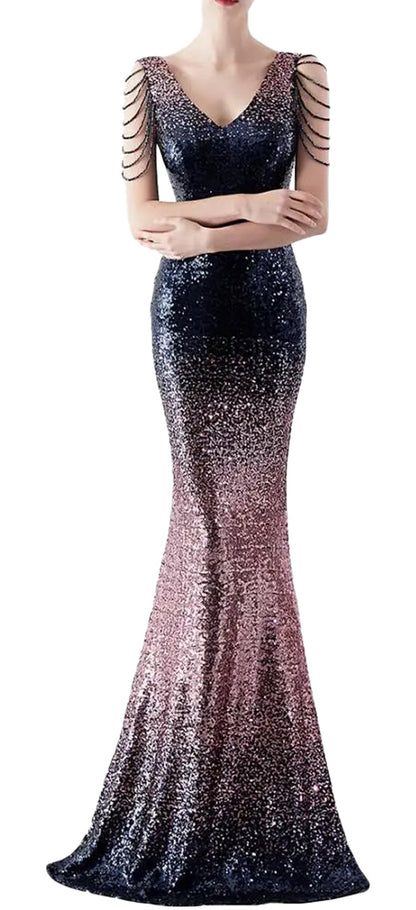 LuckeLadybug Gradient Sequin Mermaid Evening Dress with Elegant Sleeves and Fitted Silhouette
