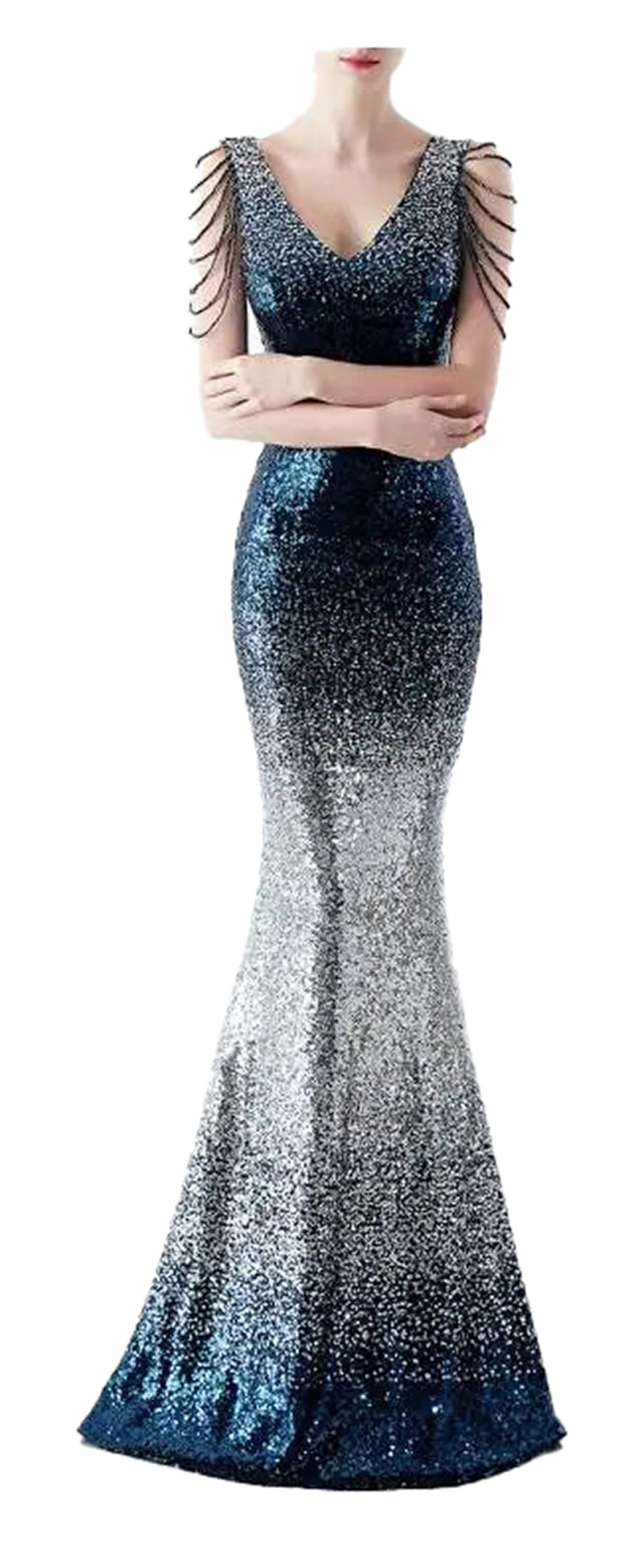 Gradient sequin mermaid evening dress in blue and silver with stylish lace details