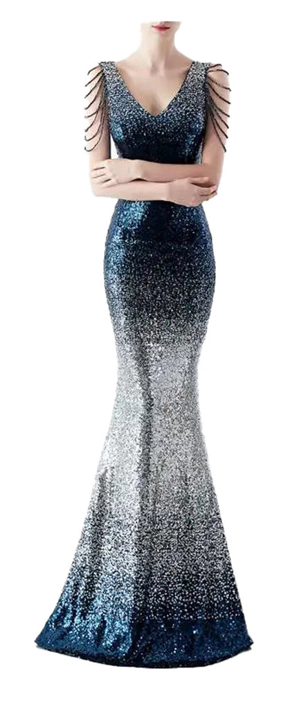 Gradient sequin mermaid evening dress in blue and silver with stylish lace details