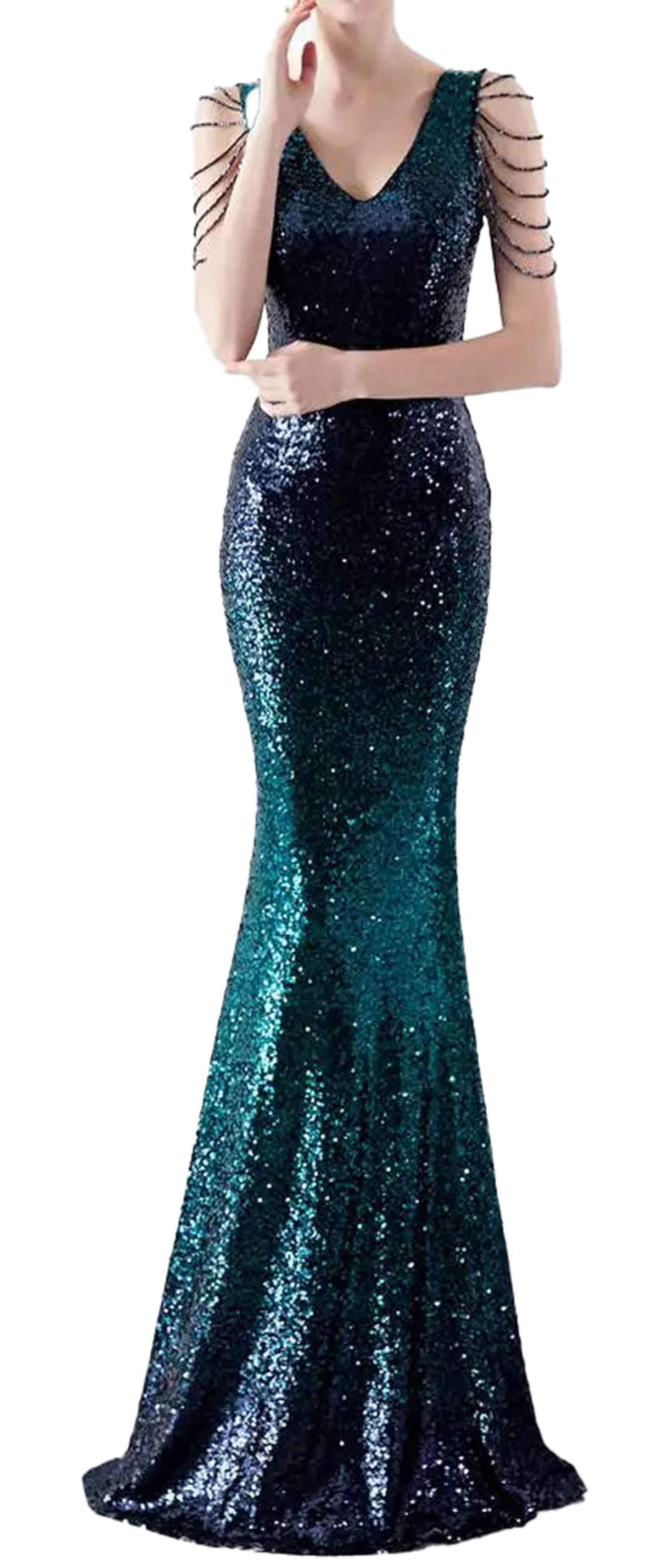 Elegant gradient sequin mermaid evening dress by LuckeLadybug with stylish shoulder details.