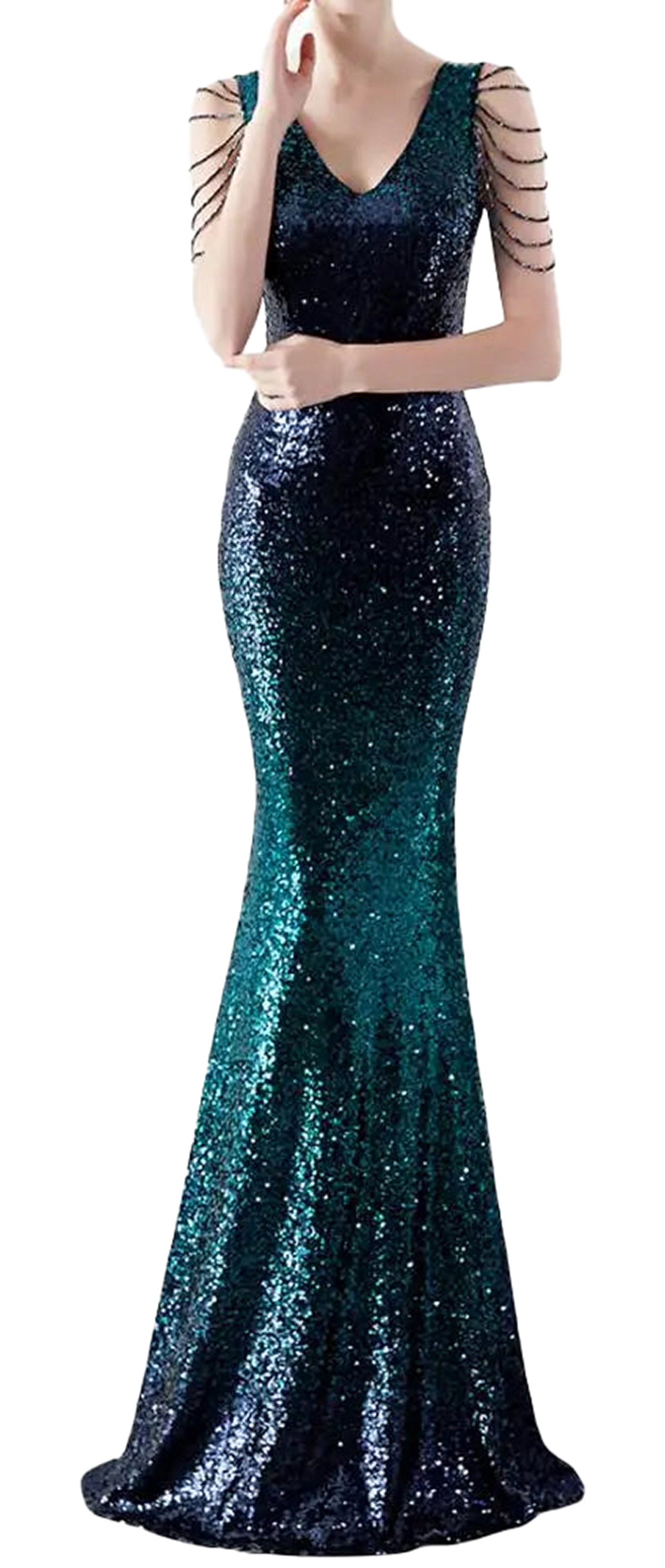 Elegant gradient sequin mermaid evening dress with stylish shoulder details in blue and green hues
