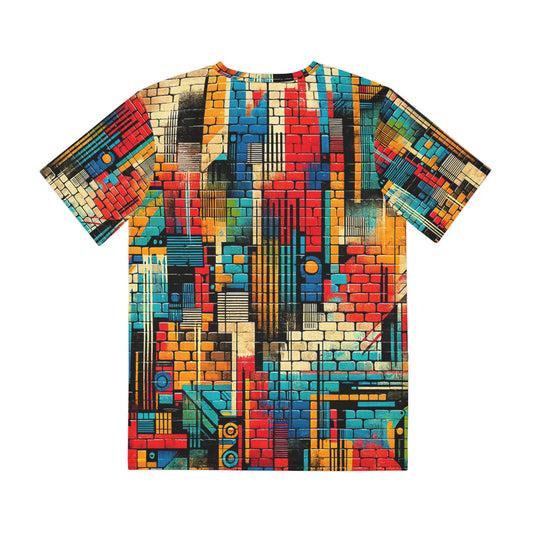 LuckeLadybug graffiti inspired mens tee with colorful abstract brick wall design on short sleeve t-shirt