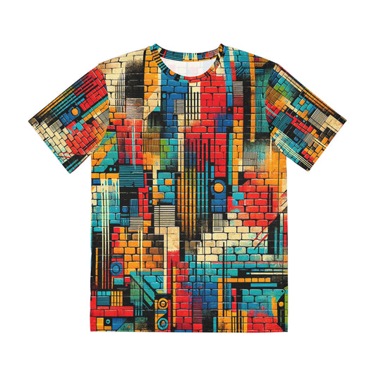 LuckeLadybug graffiti inspired mens tee with colorful abstract brick pattern design