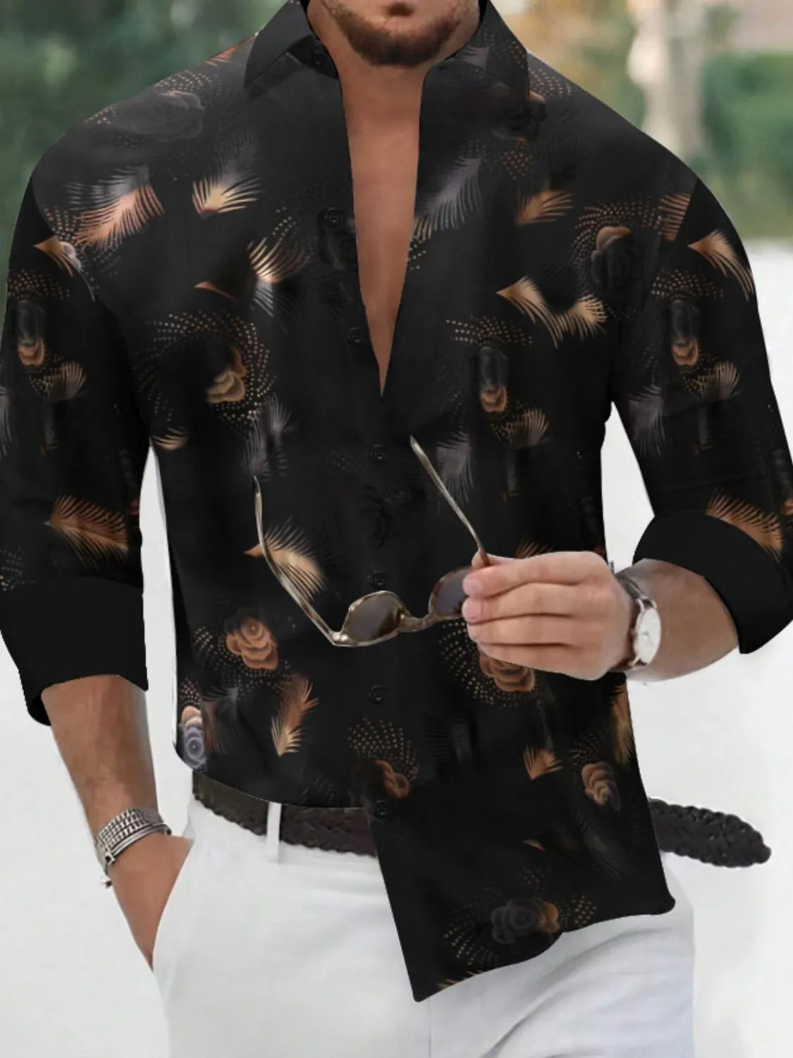 Black button-up shirt with abstract design, perfect for stylish men who enjoy graphic men's t shirt fashion