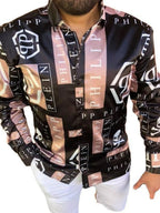 Stylish black graphic men's t shirt with bold patterns from LuckeLadybug LLC