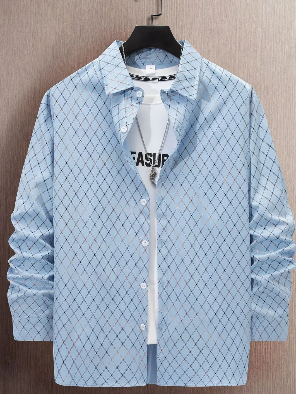 LuckeLadybug LLC Button Up Shirt for Men over Graphic Men's T Shirt in Light Blue with Diamond Pattern
